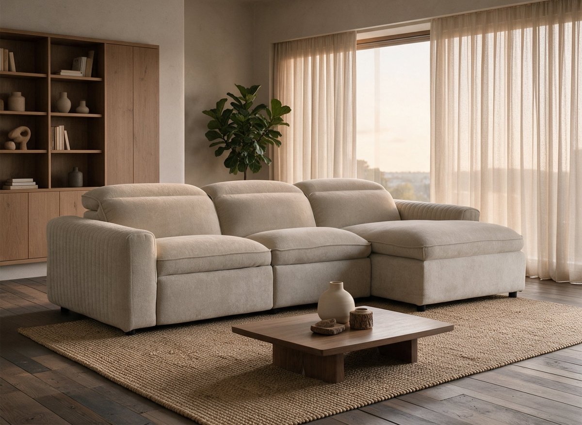Canapé d'angle relax électrique en tissu beige ORELIA - Angle droit - DécoInParis