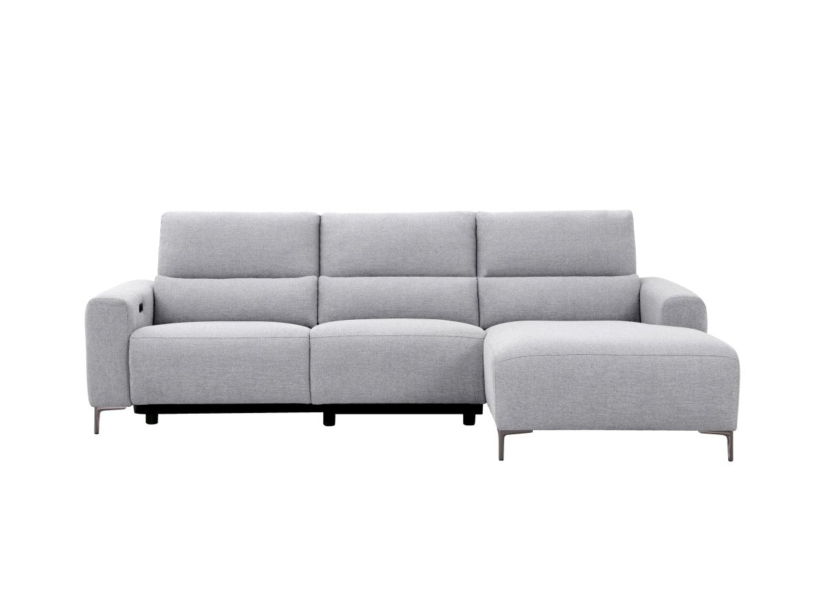 Canapé d'angle relax électrique en tissu gris clair RAFAELA - Angle droit - DécoInParis