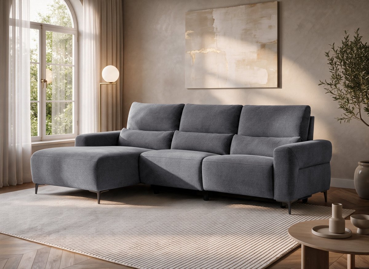Canapé d'angle relax électrique en tissu gris foncé RAFAELA - Angle gauche - DécoInParis