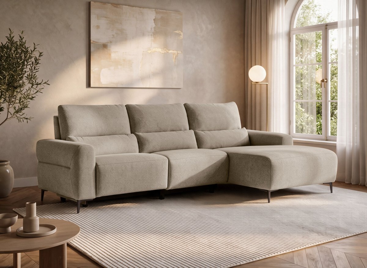 Canapé d'angle relax électrique en tissu taupe RAFAELA - Angle droit - DécoInParis