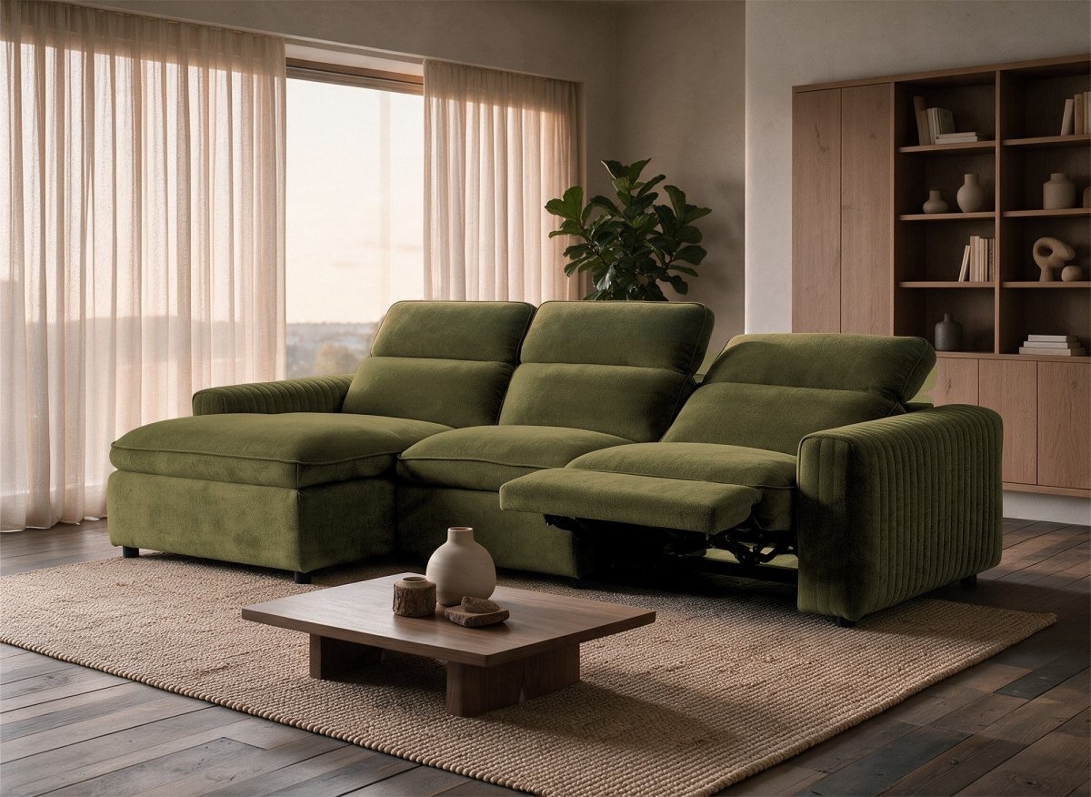 Canapé d'angle relax électrique en tissu vert olive ORELIA - Angle gauche - DécoInParis