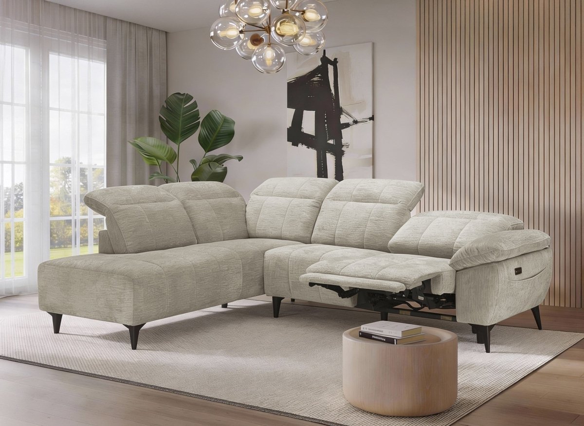 Canapé d'angle relax électrique en velours chiné beige SOLINA - Angle gauche - DécoInParis
