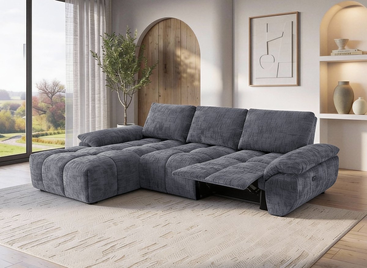 Canapé d’angle relax électrique en velours chiné gris ALPES - Angle gauche - DécoInParis