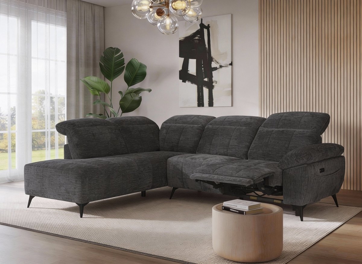 Canapé d'angle relax électrique en velours chiné gris SOLINA - Angle gauche - DécoInParis
