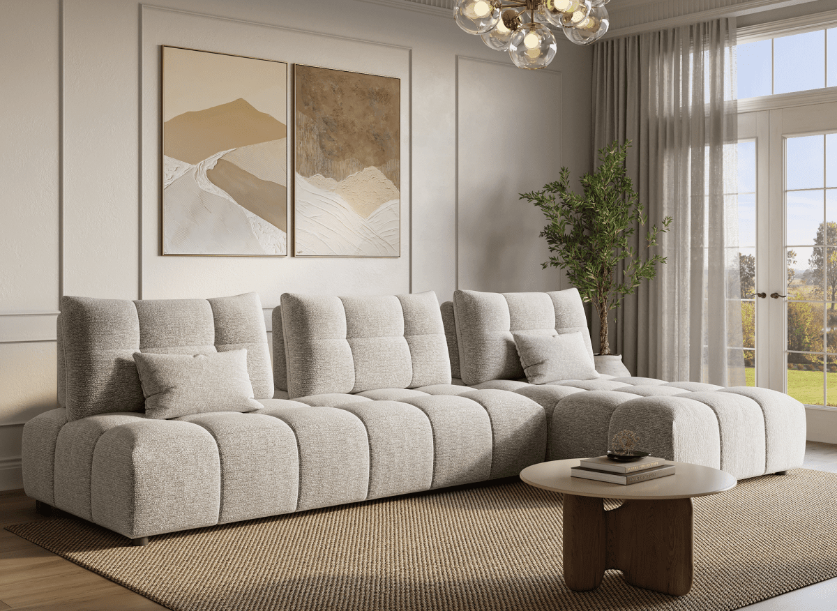 Canapé d'angle réversible en velours texturé beige ALANA - DécoInParis