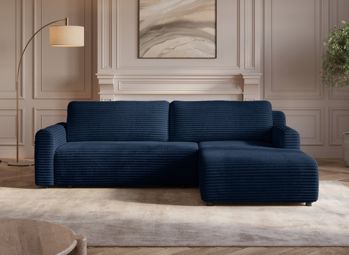 Canapé d'angle réversible et convertible avec coffre en velours côtelé épais bleu foncé KATIA - DécoInParis