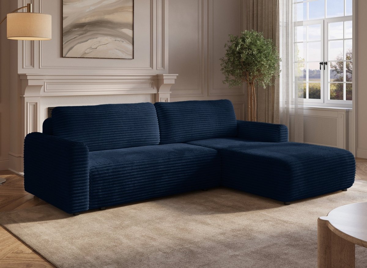 Canapé d'angle réversible et convertible avec coffre en velours côtelé épais bleu foncé KATIA - DécoInParis
