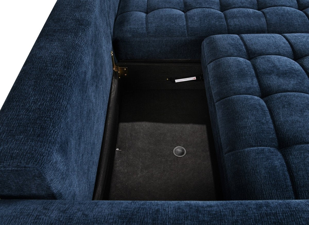 Canapé d'angle réversible et convertible avec coffres en velours tissé bleu LAUREANE - DécoInParis