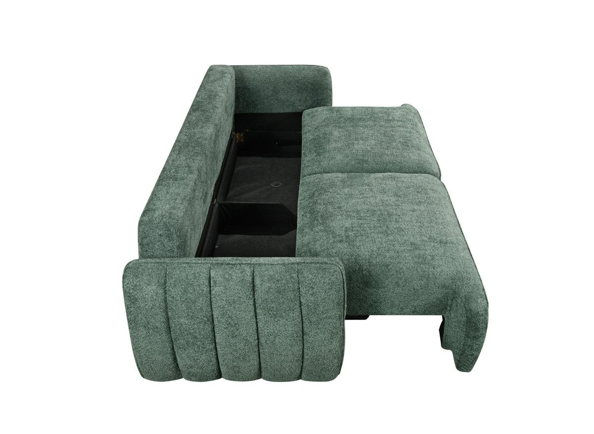 Canapé droit 3 places convertible avec coffre en tissu bouclette vert LAUDINE - DécoInParis
