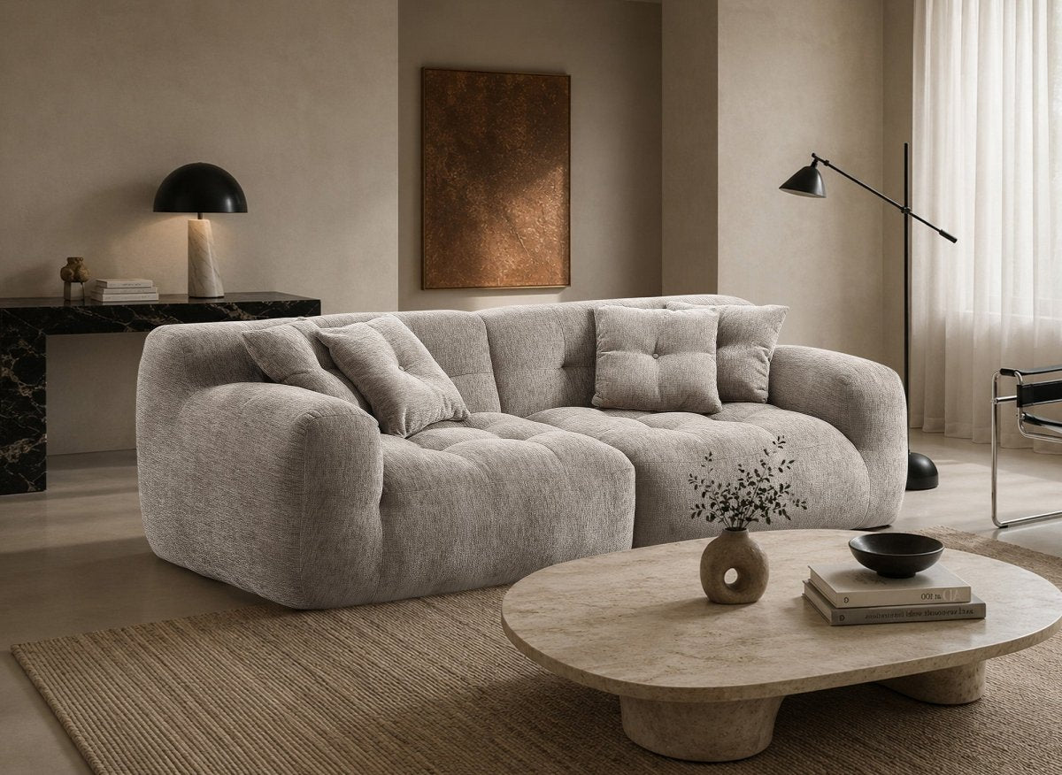 Canapé droit 3 places en velours texturé taupe TANINA - DécoInParis