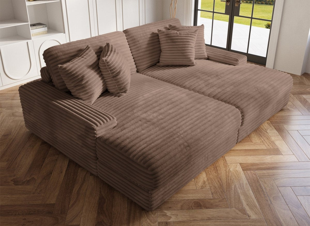 Canapé droit méridienne 2 places en gros côtelé doux taupe DAHO - DécoInParis