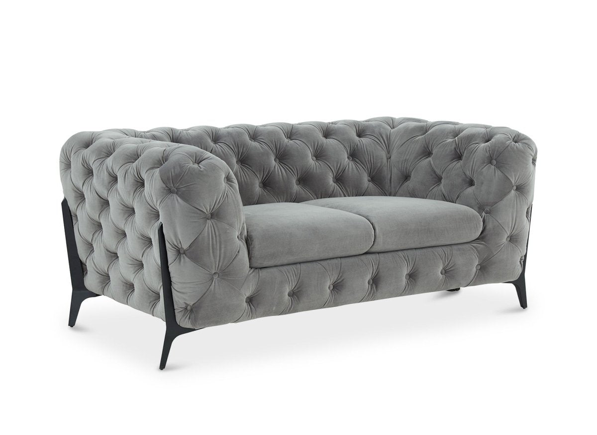 Canapé fixe 2 places capitonné chesterfield velours gris CARMEN - DécoInParis