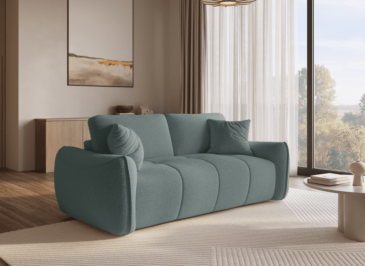 Canapé fixe 3 places en tissu bouclette vert d'eau EZRA - DécoInParis