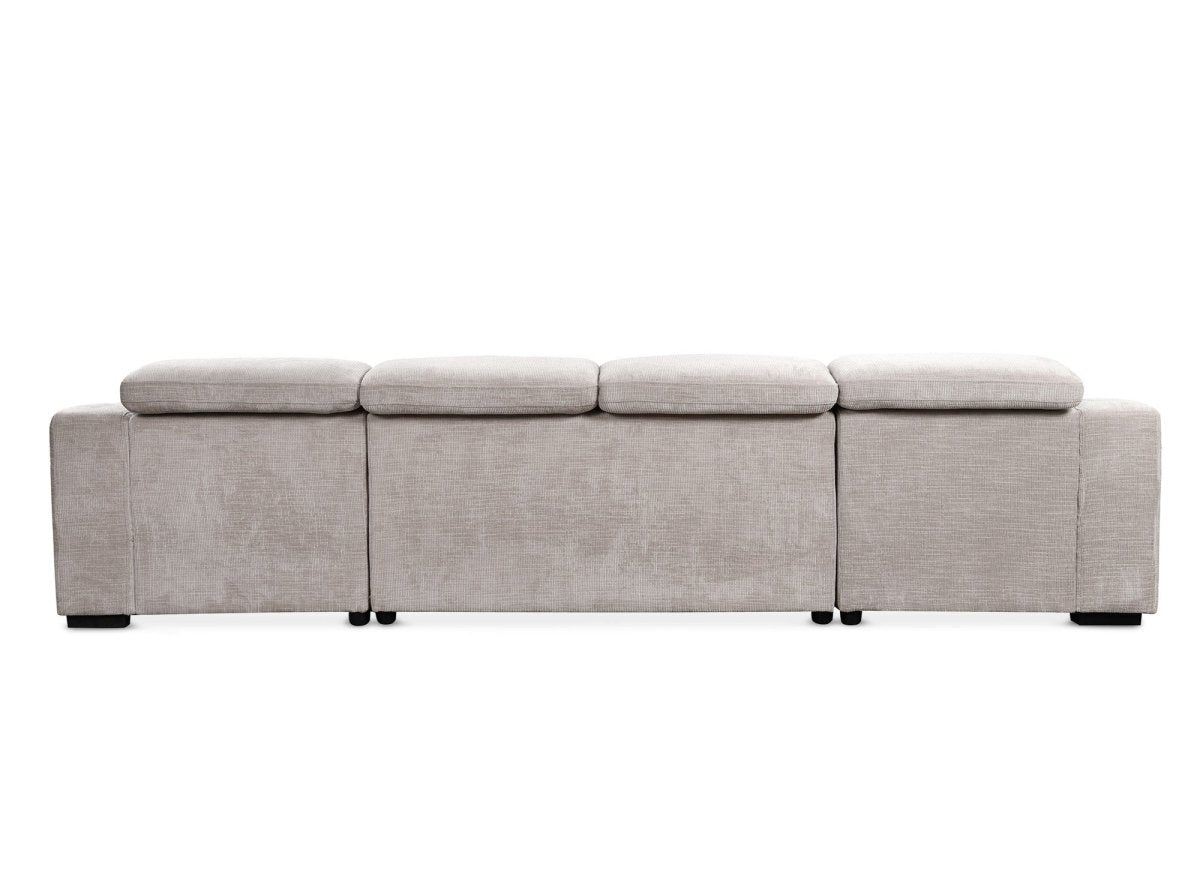 Canapé panoramique convertible avec 2 coffres en velours chiné beige VELORA - DécoInParis