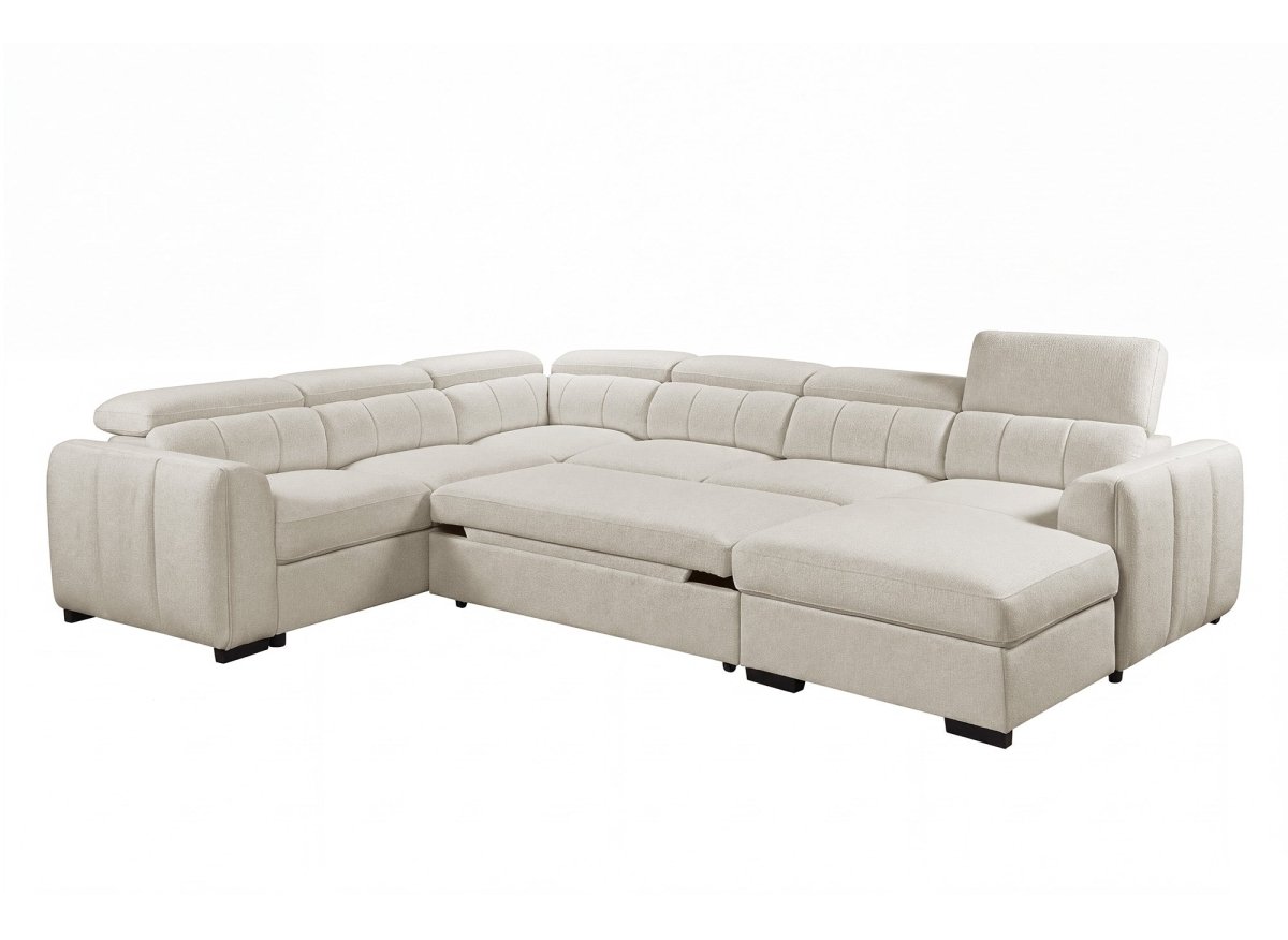 Canapé panoramique convertible avec coffre en tissu bouclette beige NAJAH - Angle droit - DécoInParis