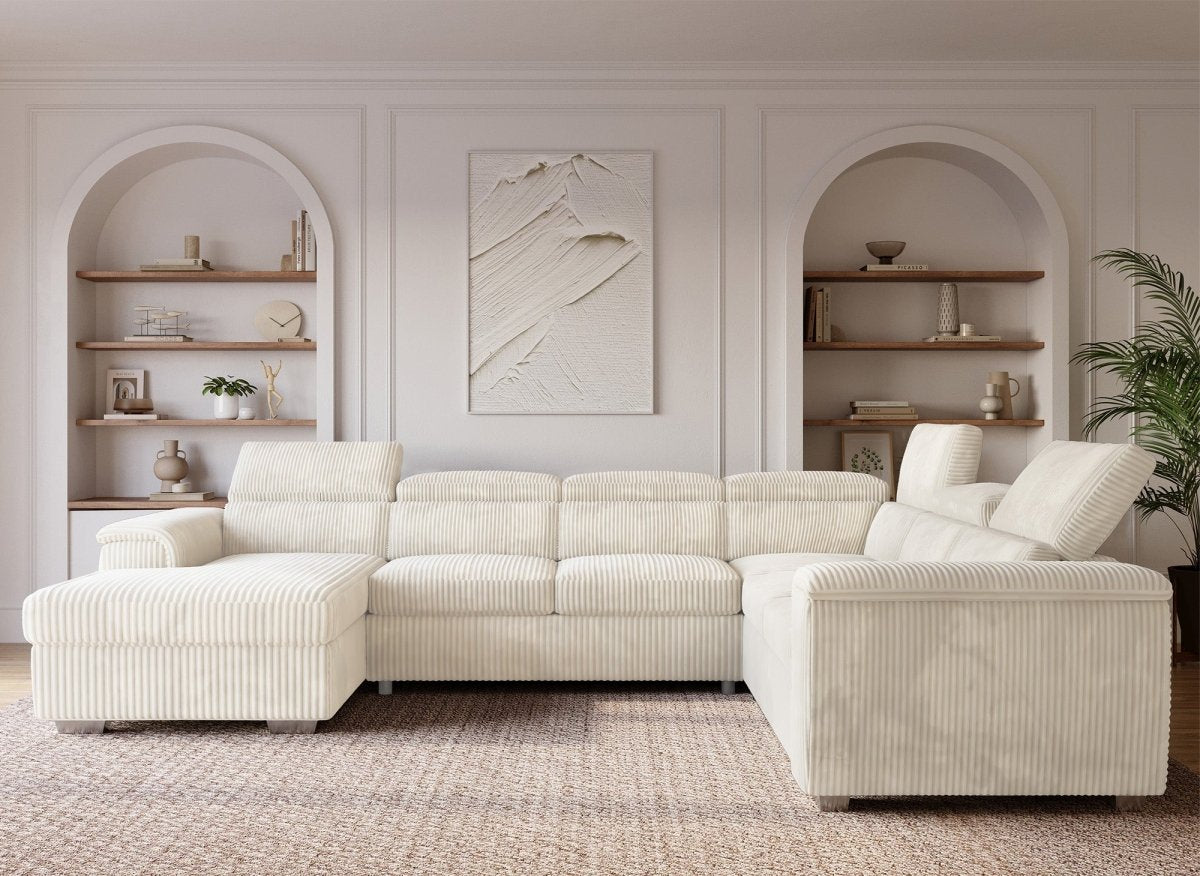 Canapé panoramique convertible avec coffre en velours côtelé épais beige GAELLE - Angle gauche - DécoInParis
