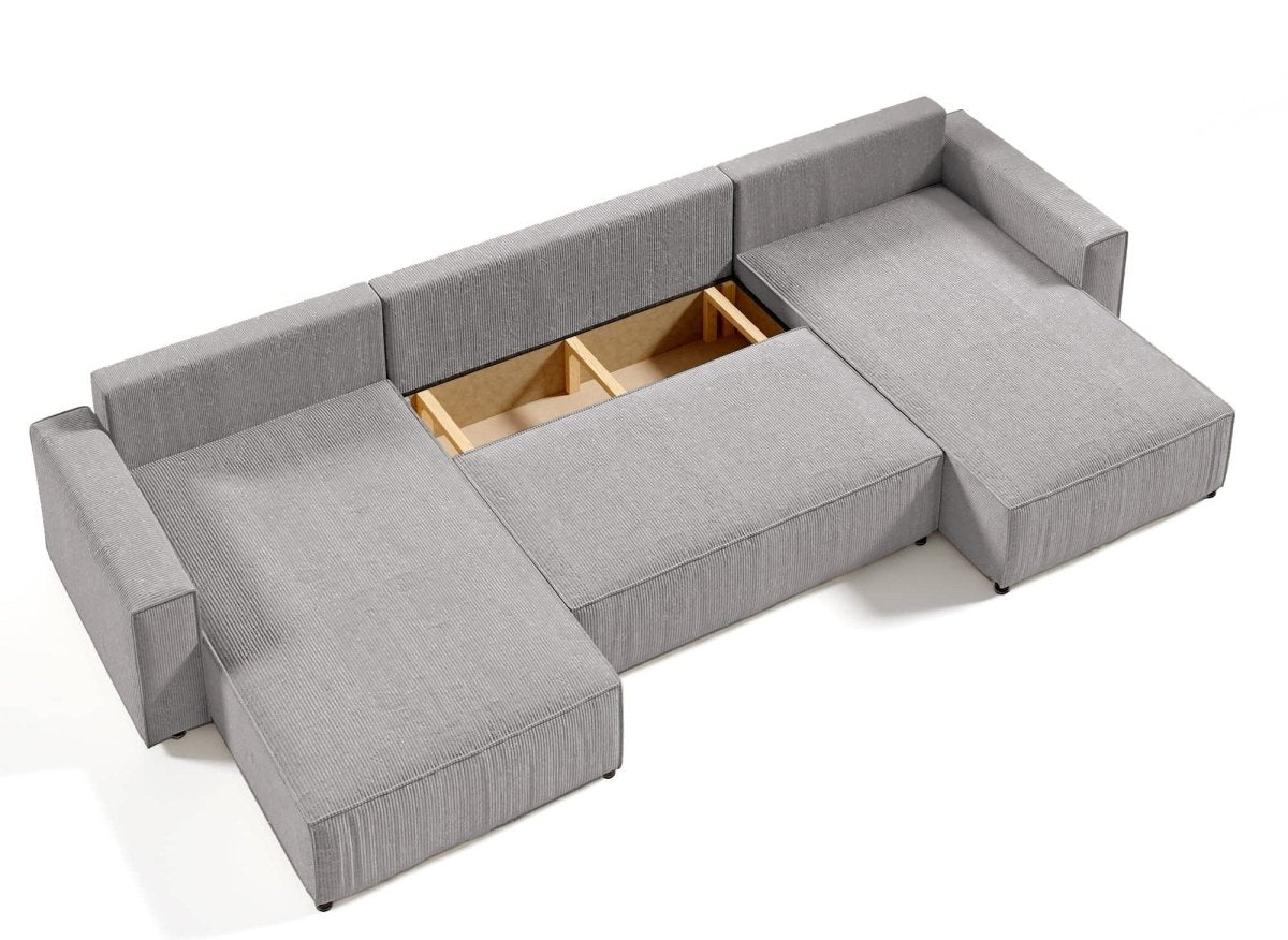 Canapé panoramique convertible avec coffre en velours cotelé gris clair - JADE - DécoInParis