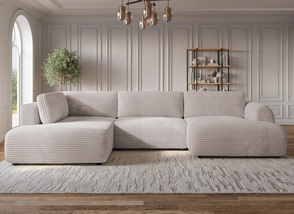 Canapé panoramique convertible avec coffre en velours gros côtelé taupe TILDA - Angle gauche - DécoInParis