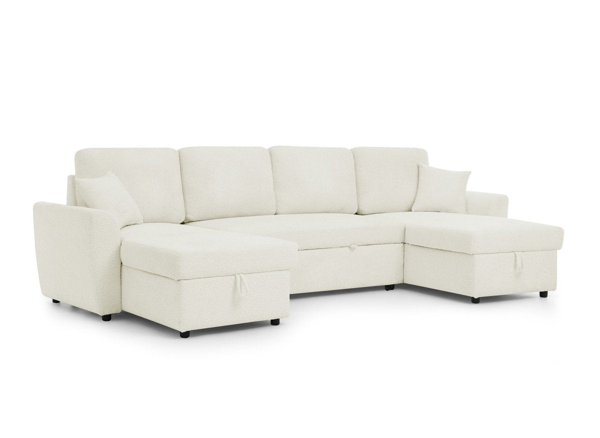 Canapé panoramique convertible avec coffres en tissu bouclette beige ADRYEN - DécoInParis