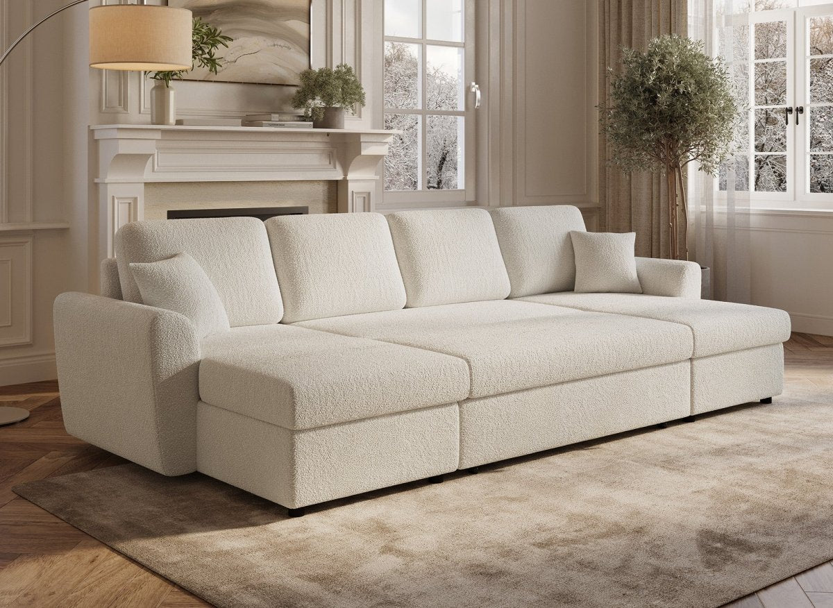 Canapé panoramique convertible avec coffres en tissu bouclette beige ADRYEN - DécoInParis