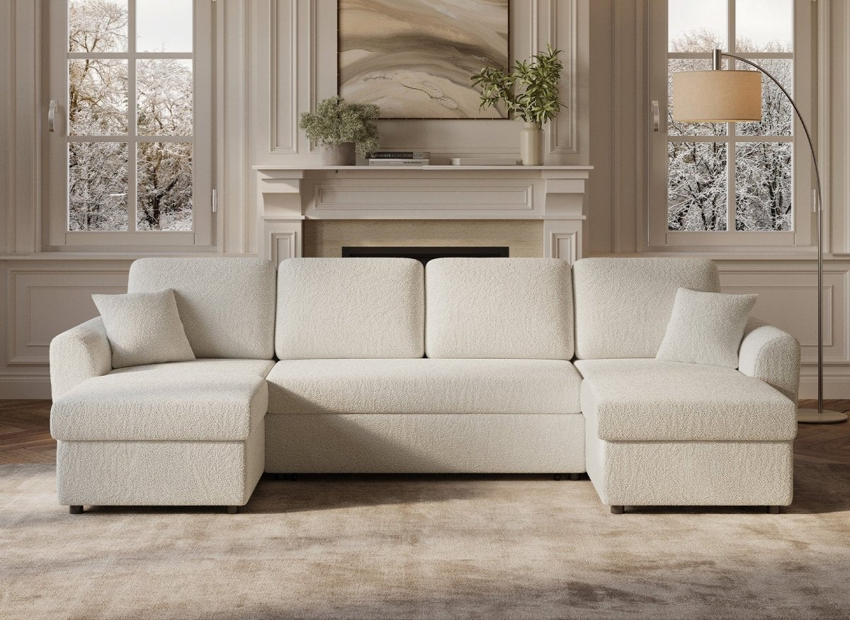 Canapé panoramique convertible avec coffres en tissu bouclette beige ADRYEN - DécoInParis
