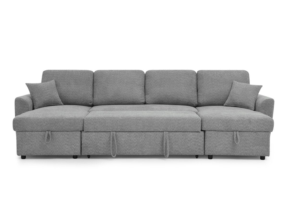 Canapé panoramique convertible avec coffres en tissu bouclette gris ADRYEN - DécoInParis