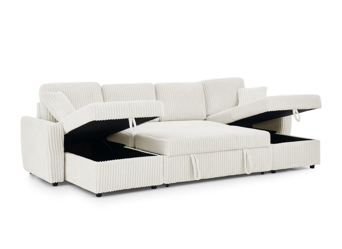 Canapé panoramique convertible avec coffres en velours côtelé épais beige ADRYEN - DécoInParis