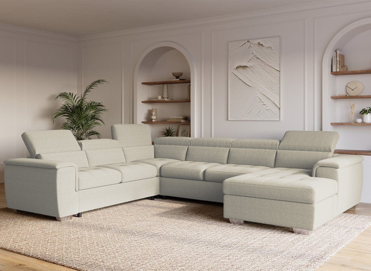 Canapé panoramique convertible coffre de rangement en tissu beige GAELLE - Angle Droit - DécoInParis