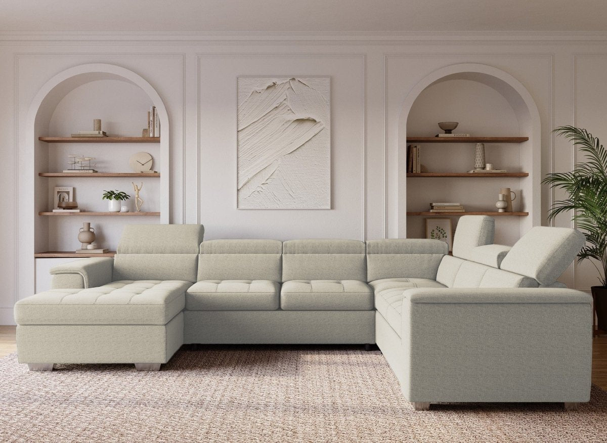 Canapé panoramique convertible coffre de rangement en tissu beige GAELLE - Angle Gauche - DécoInParis