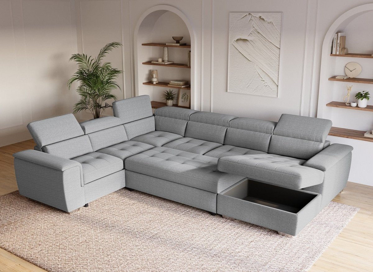 Canapé panoramique convertible coffre de rangement en tissu gris GAELLE - Angle Droit - DécoInParis