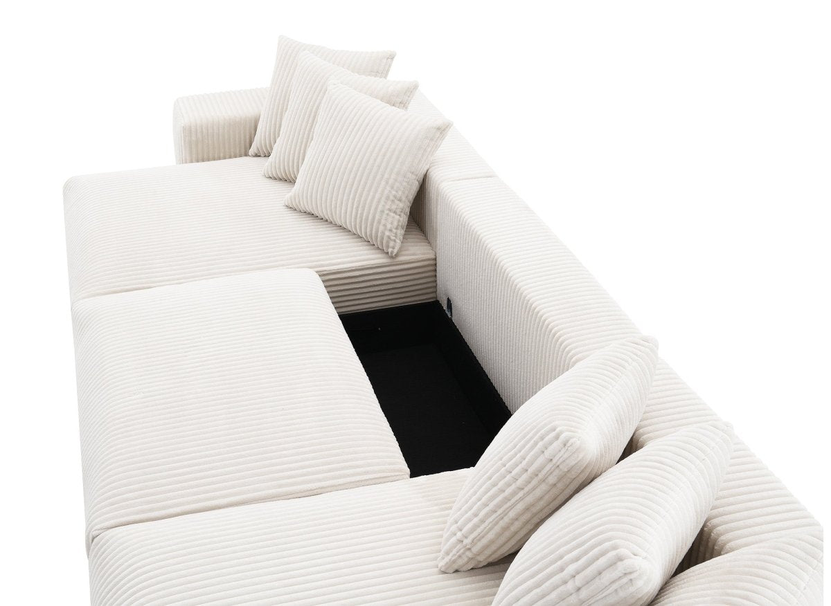 Canapé panoramique réversible convertible avec coffre en velours côtelé épais beige NOELIA - DécoInParis