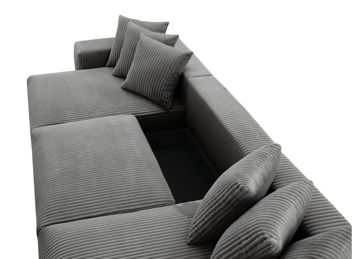 Canapé panoramique réversible convertible avec coffre en velours côtelé épais gris NOELIA - DécoInParis