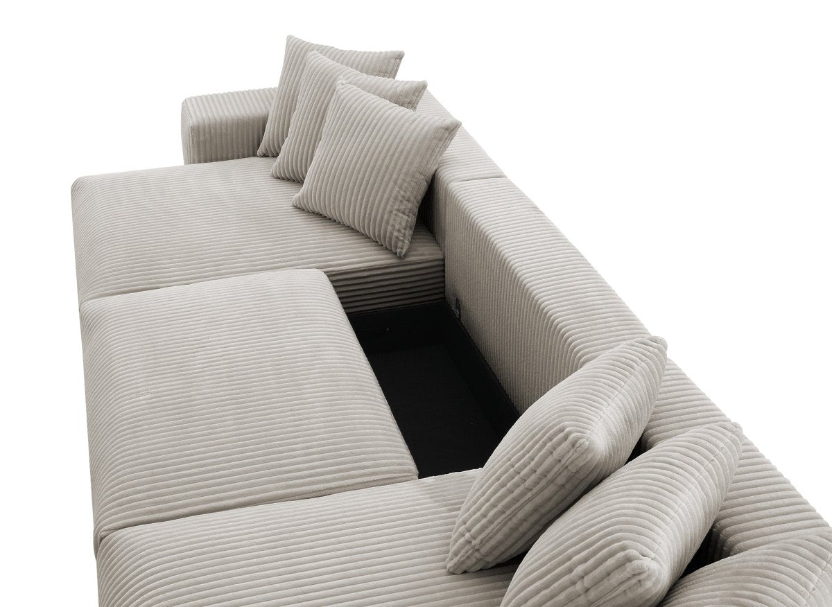 Canapé panoramique réversible convertible avec coffre en velours côtelé épais taupe NOELIA - DécoInParis