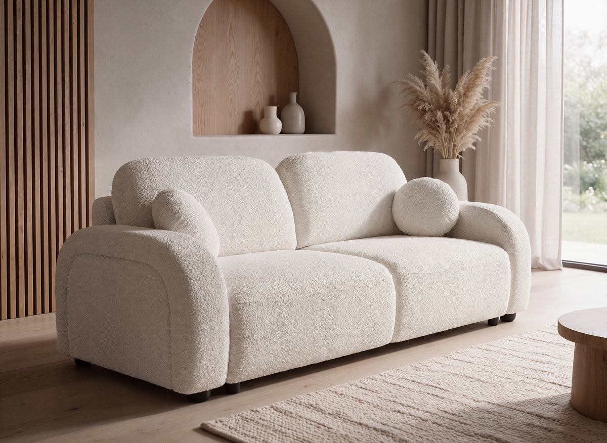 MAYORA 3-Sitzer-Umbausofa aus ecrufarbenem Bouclé-Stoff