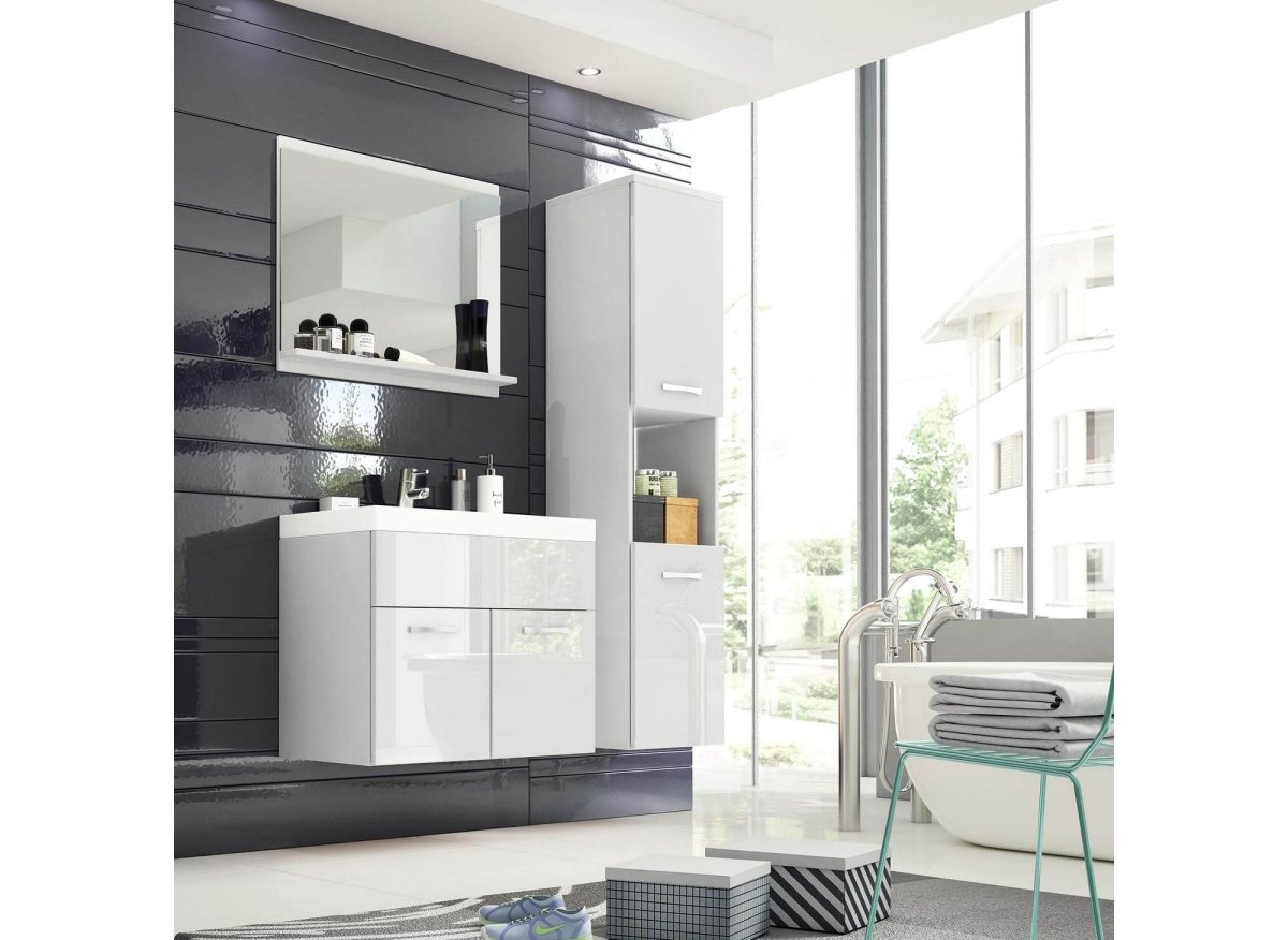 Ensemble meubles salle de bain design suspendu - Blanc laqué HARMONY - DécoInParis