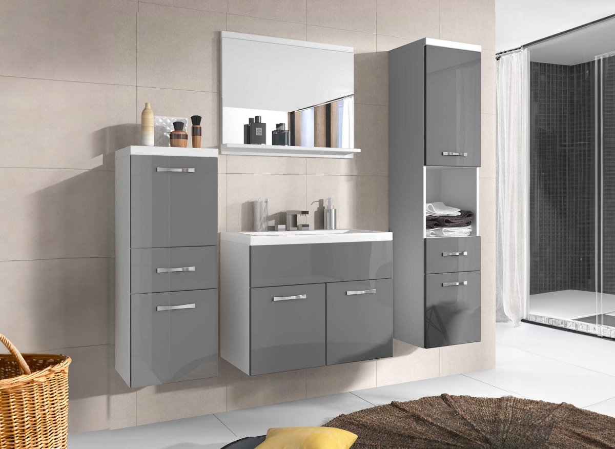 Ensemble meubles salle de bain suspendu - Blanc et gris SHELBY - DécoInParis