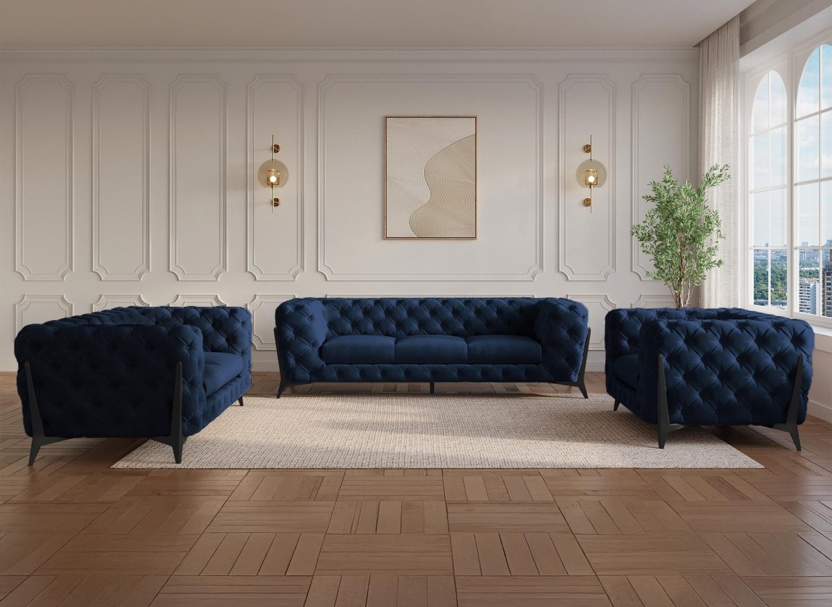 Fauteuil capitonné chesterfield velours bleu CARMEN - DécoInParis