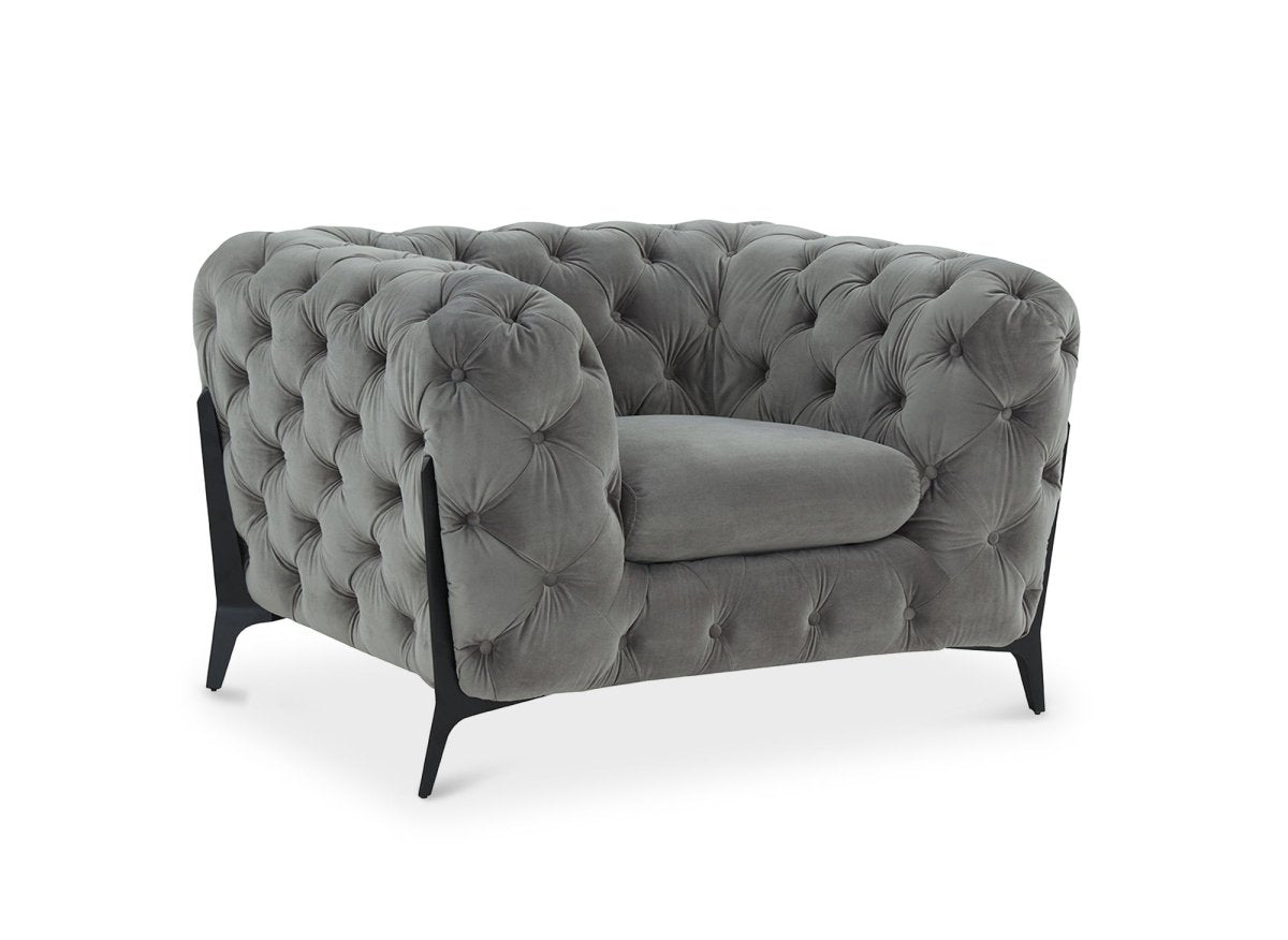 Fauteuil capitonné chesterfield velours gris CARMEN - DécoInParis
