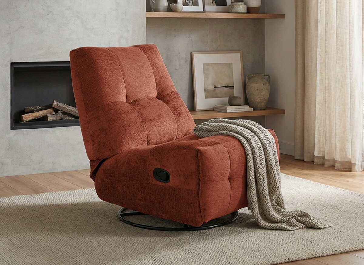 Fauteuil relax pivotant en velours chiné terracotta LISON - DécoInParis