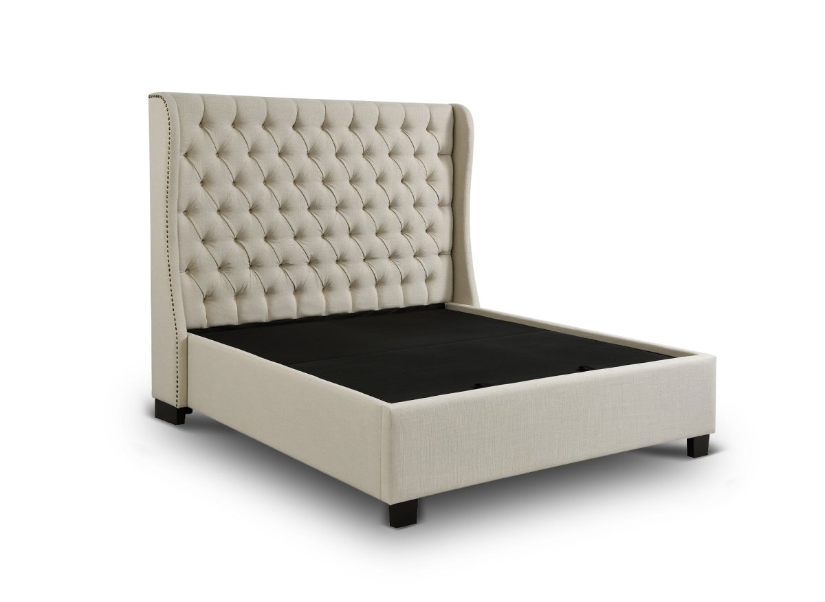 Lit coffre capitonné en tissu lin beige FLORINE 160 x 200 cm - DécoInParis