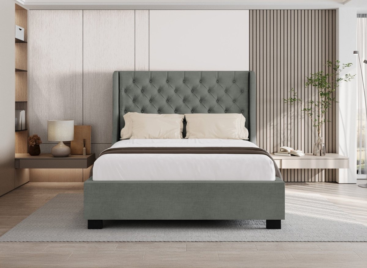 Lit coffre capitonné en tissu lin gris FLORINE 180 x 200 cm - DécoInParis