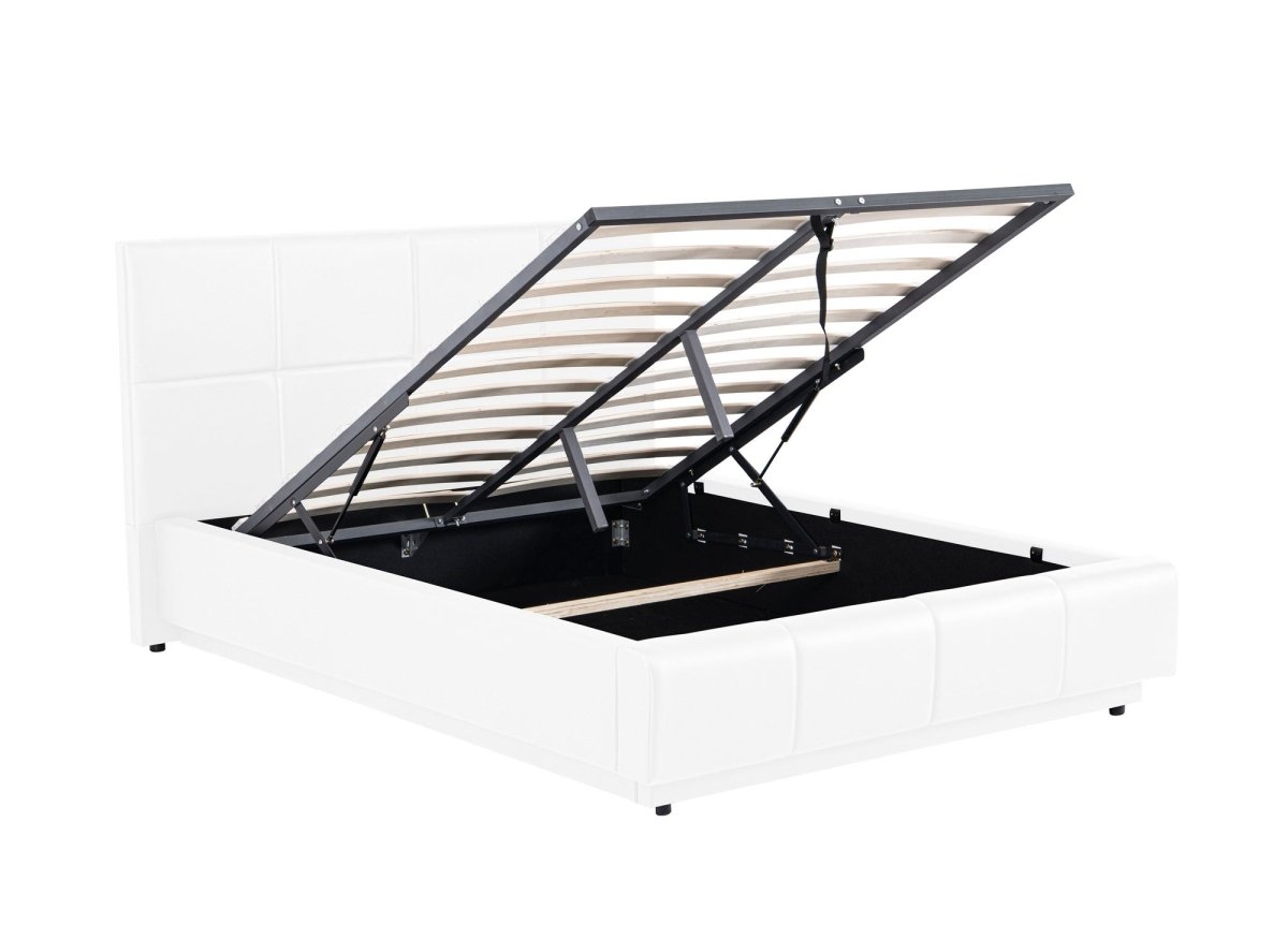 Lit coffre en simili cuir blanc avec LED 140x190 cm DIVINE - DécoInParis