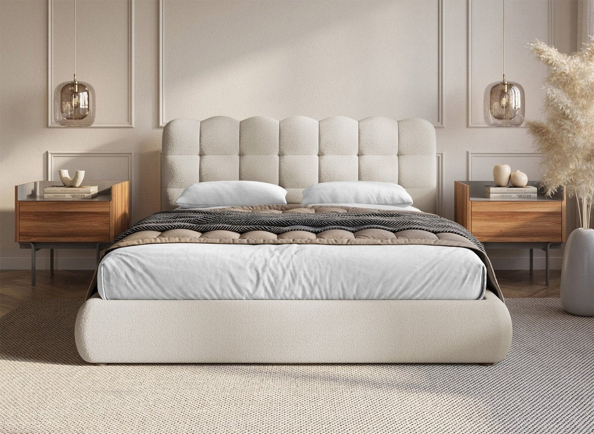 Lit coffre en tissu bouclette beige 140x190 cm BISCUIT - DécoInParis