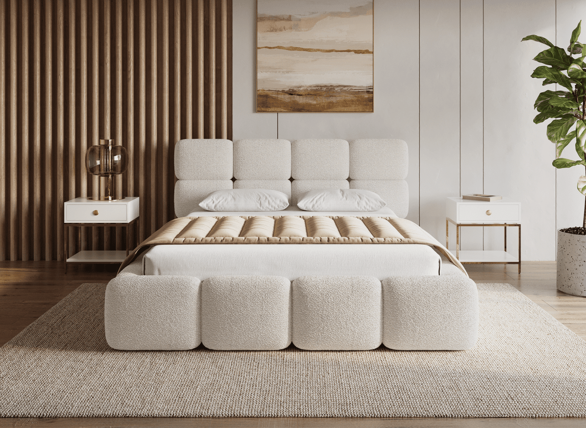 Lit coffre en tissu bouclette beige 140x190 cm BUBBLE - DécoInParis