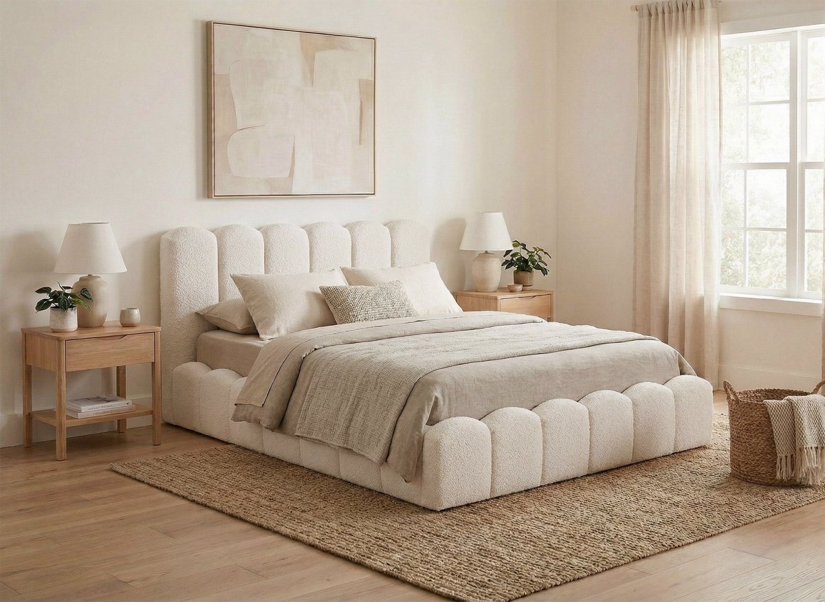 Lit coffre en tissu bouclette beige 140x190 cm RITA - DécoInParis