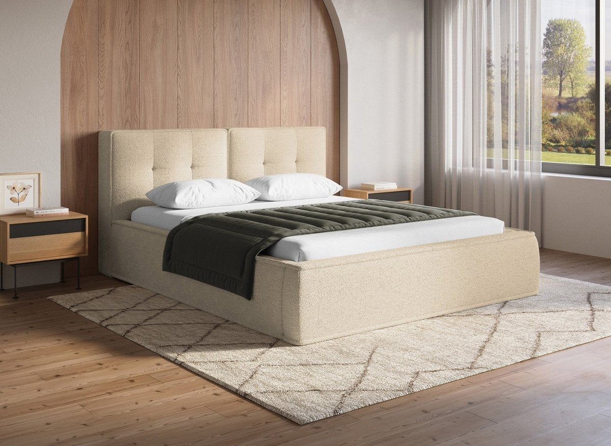 Lit coffre en tissu bouclette beige 160x200cm YUNA - DécoInParis