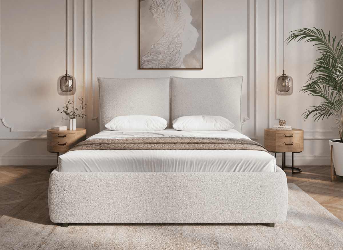 Lit coffre en tissu bouclette beige 180x200 cm MELY - DécoInParis
