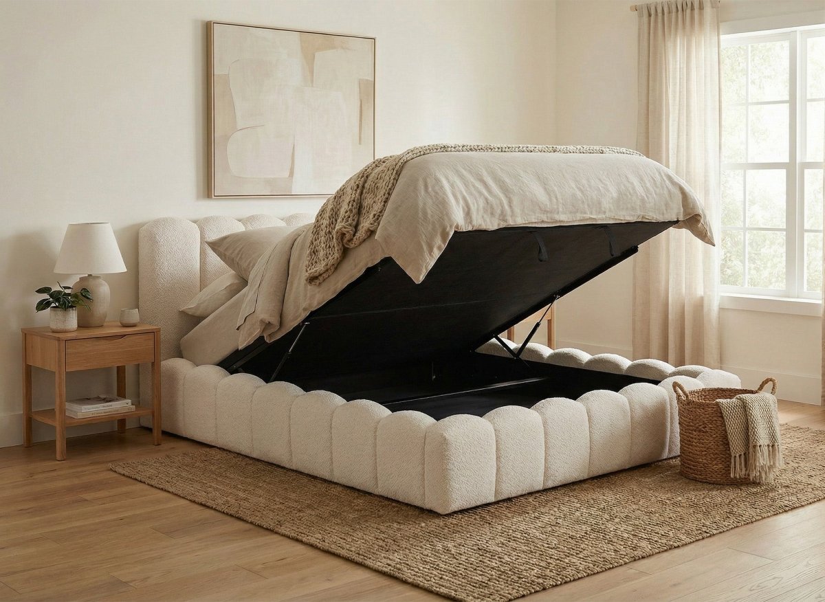 Lit coffre en tissu bouclette beige 180x200 cm RITA - DécoInParis
