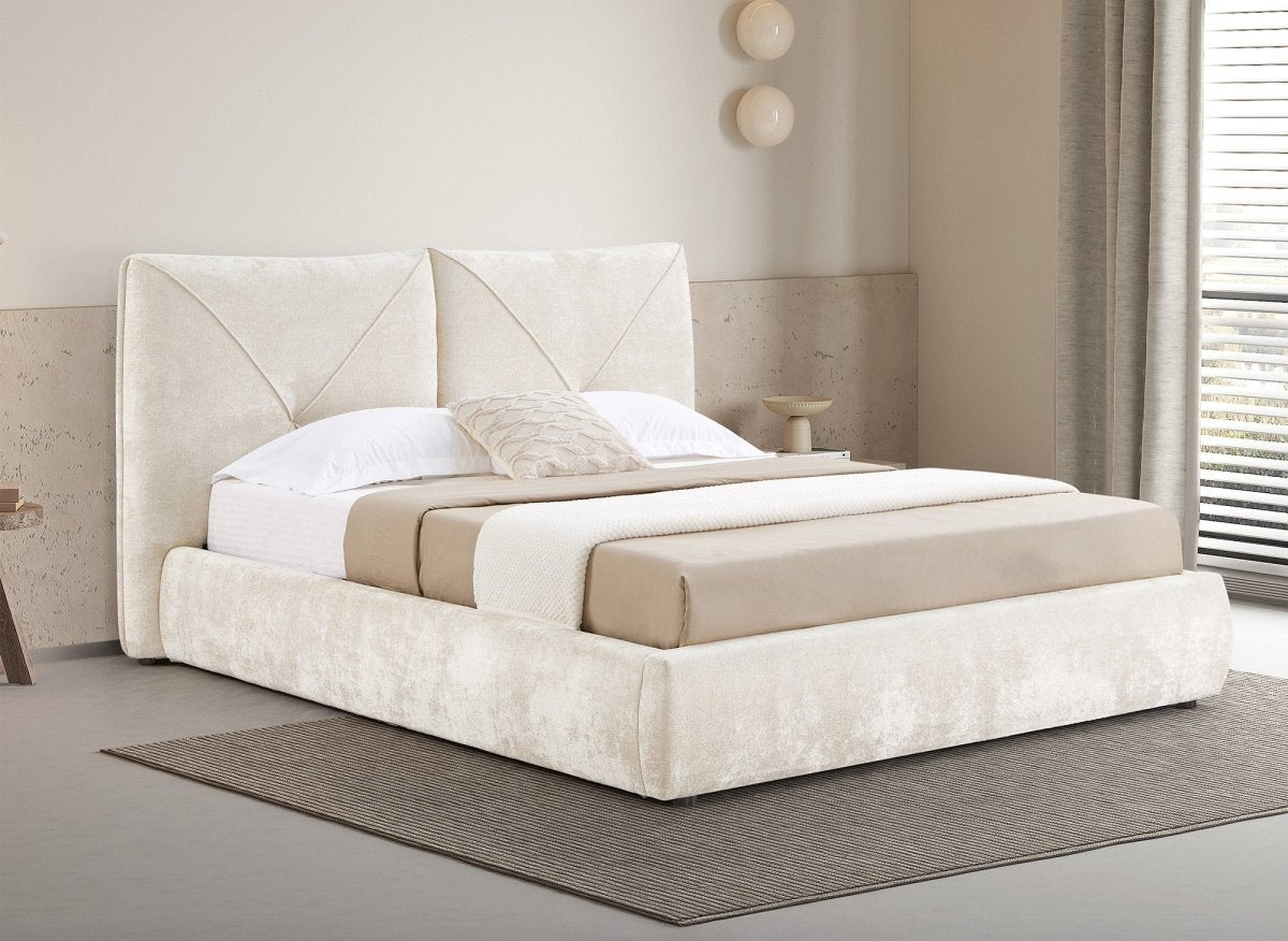 Lit coffre en tissu bouclette doux beige 160x200 cm NOAH - DécoInParis