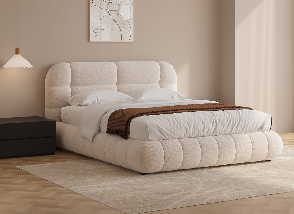 Lit coffre en tissu bouclette écru 160x200 cm YOURI - DécoInParis